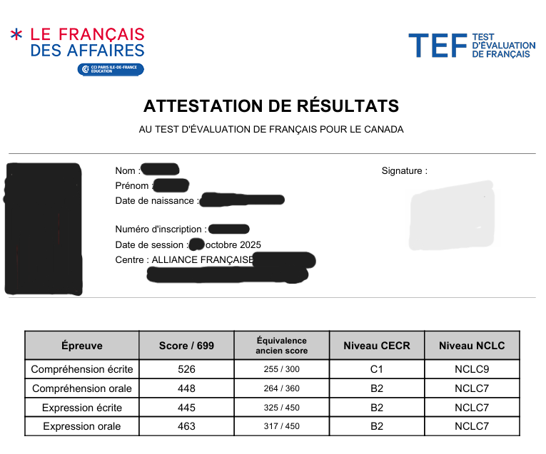 TEF Canada attestation de résultats scorecard