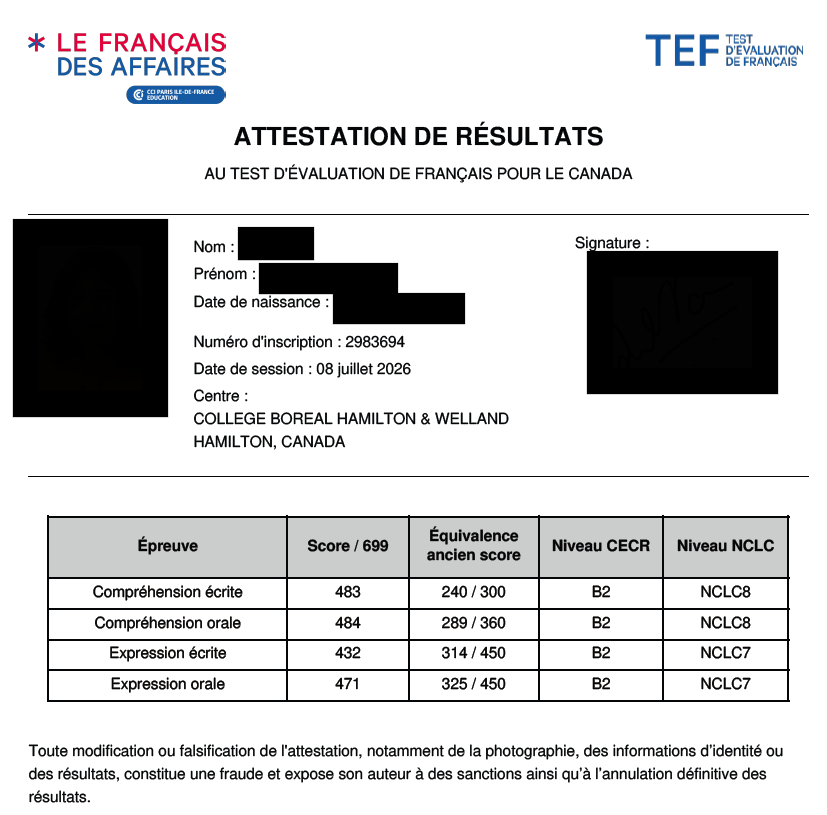 TEF Canada attestation de résultats scorecard