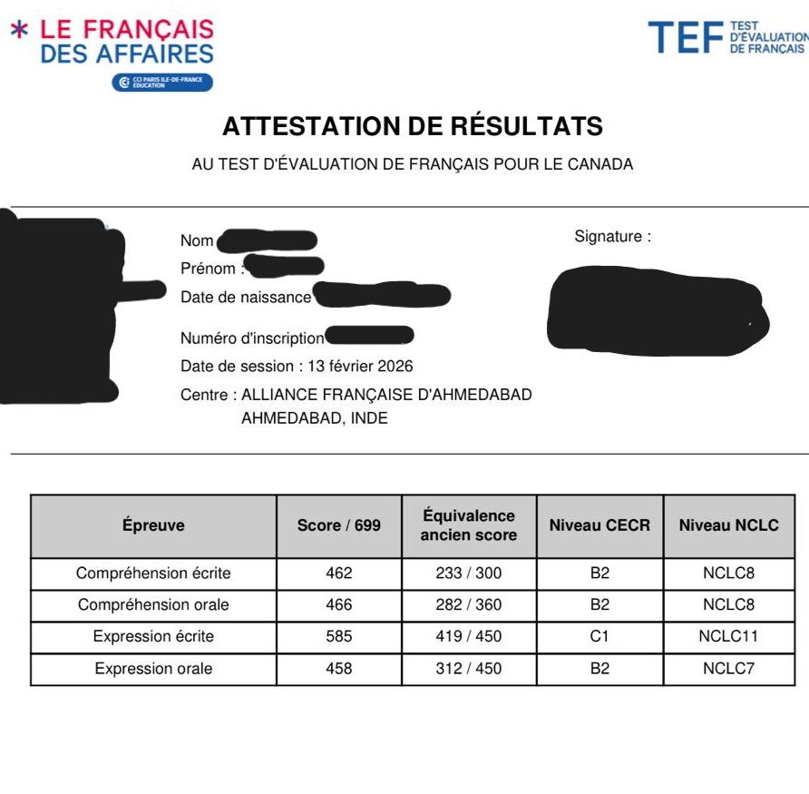 TEF Canada attestation de résultats scorecard