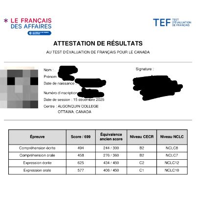 TEF Canada attestation de résultats scorecard