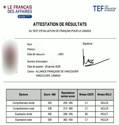 TEF Canada attestation de résultats scorecard