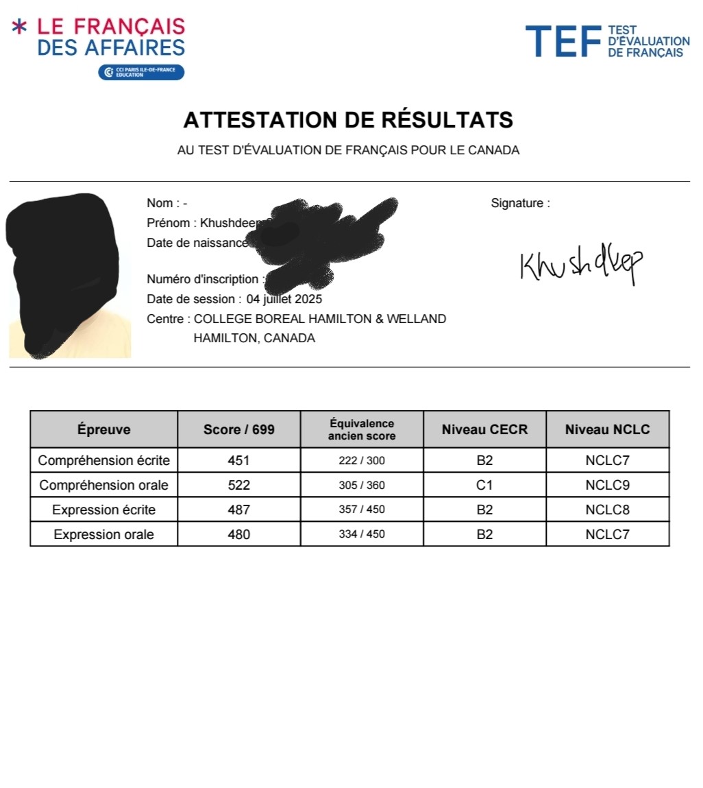 TEF Canada attestation de résultats scorecard