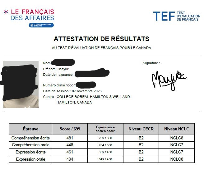 TEF Canada attestation de résultats scorecard