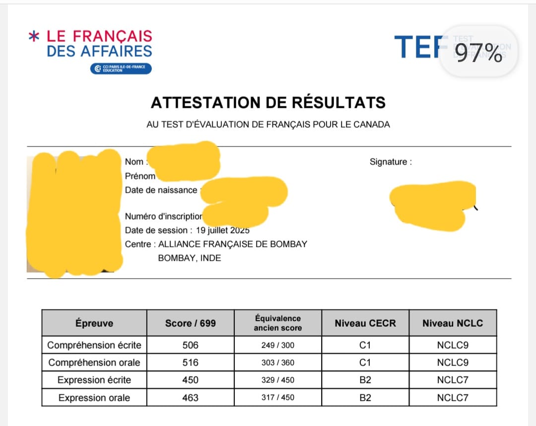 TEF Canada attestation de résultats scorecard