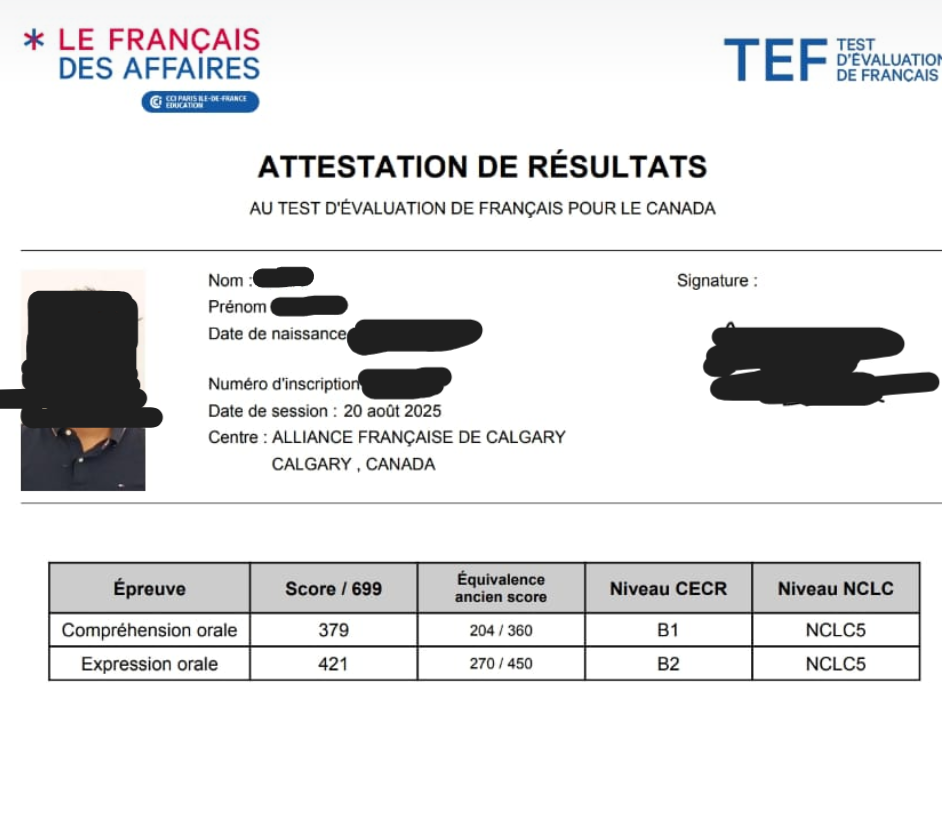 TEF Canada attestation de résultats scorecard