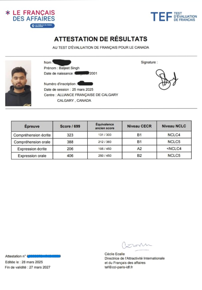 TEF Canada attestation de résultats scorecard