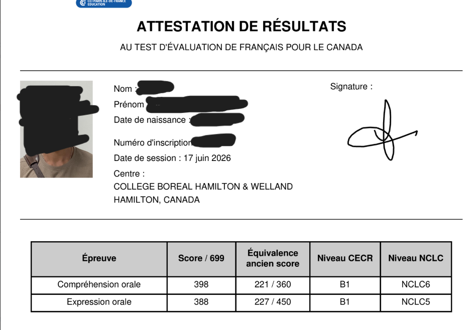 TEF Canada attestation de résultats scorecard
