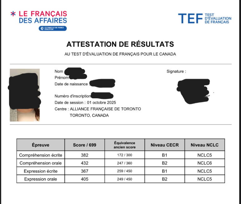 TEF Canada attestation de résultats scorecard