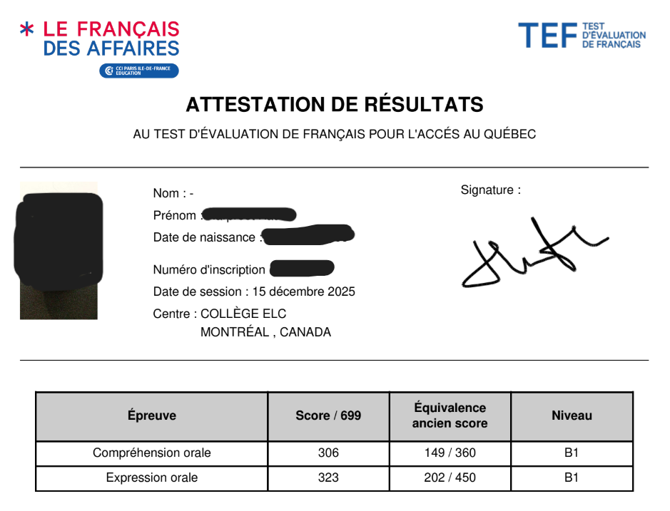 TEF Québec attestation de résultats scorecard